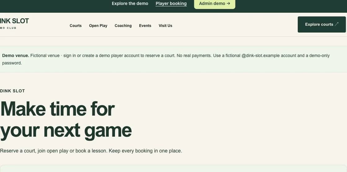 Dink Slot player booking screen with court rental, open play, and coaching choices, plus photo cards for two fictional locations