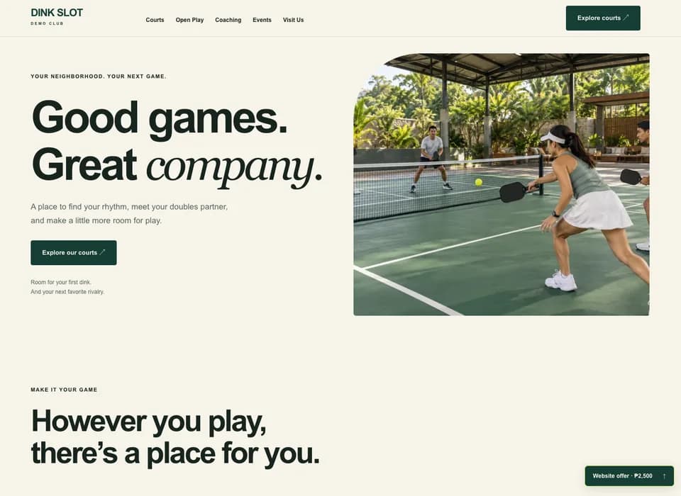 Screenshot of the Neighborhood demo with a court photo, navigation, and venue introduction