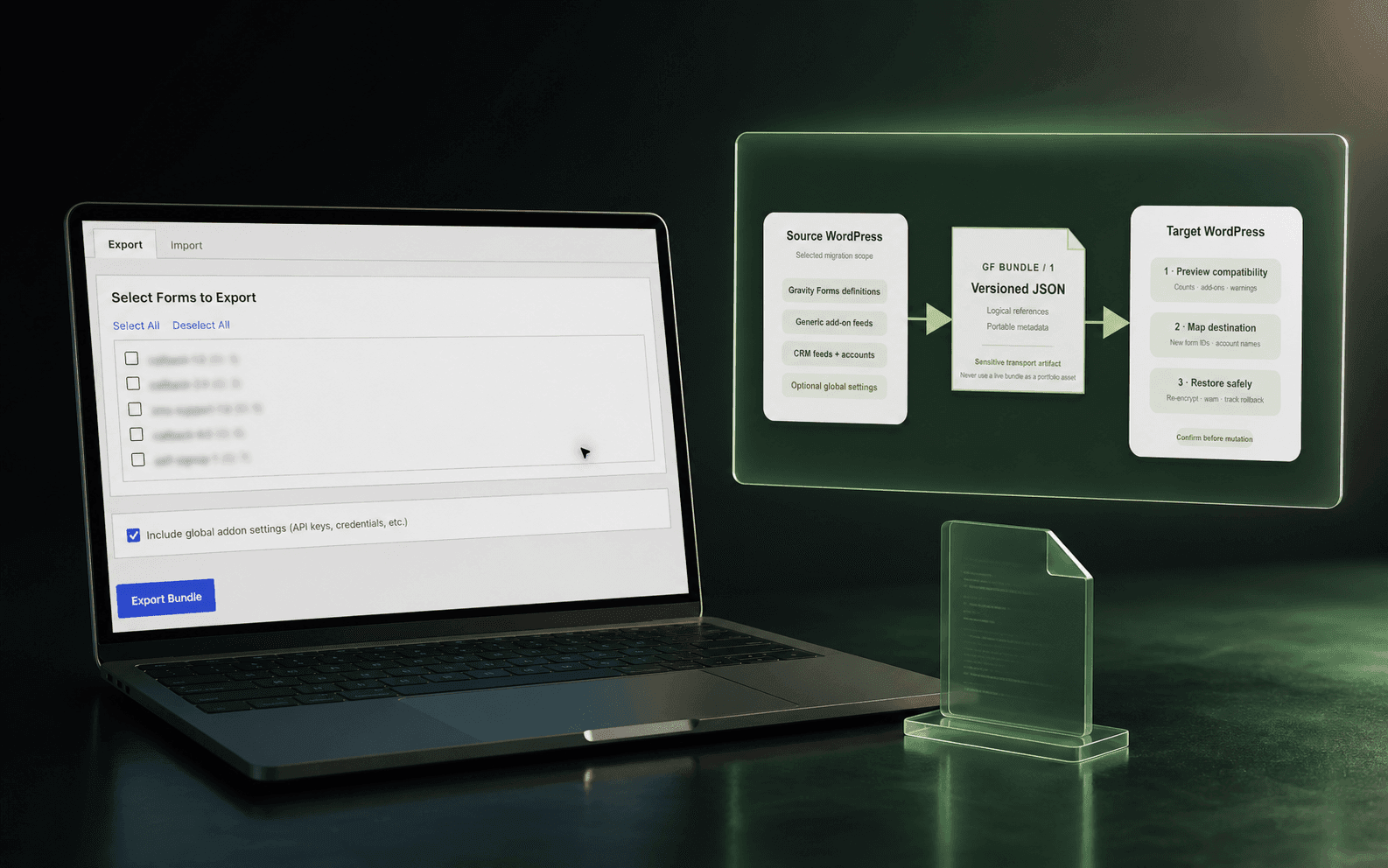 GF Bundle Porter export interface displayed on a laptop beside a glass workflow panel showing a versioned bundle moving between WordPress environments.