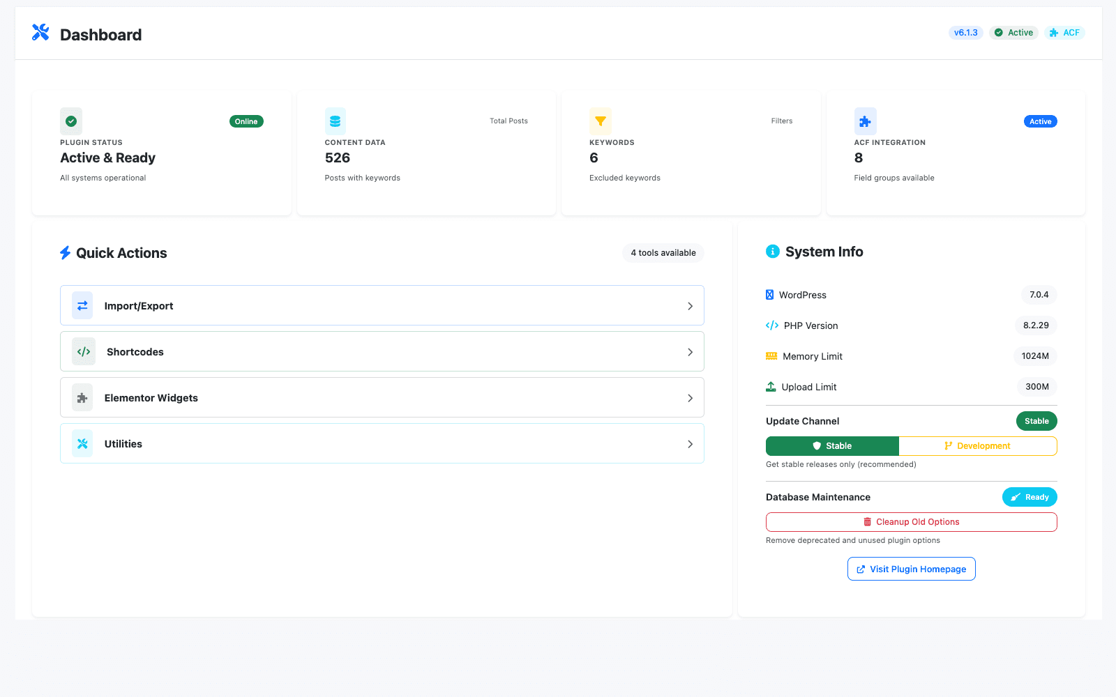 AMFM Tools WordPress dashboard with system status cards and quick links to shared site-management workflows.