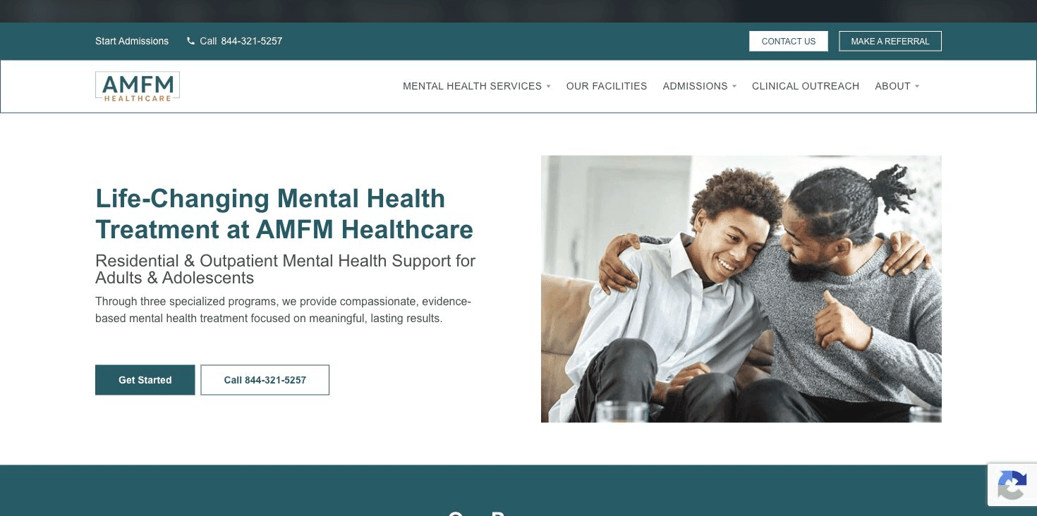 Desktop homepage showing branded navigation, a two-column mental-health hero, supporting copy, calls to action, and lifestyle image; the private WordPress toolbar is blurred.