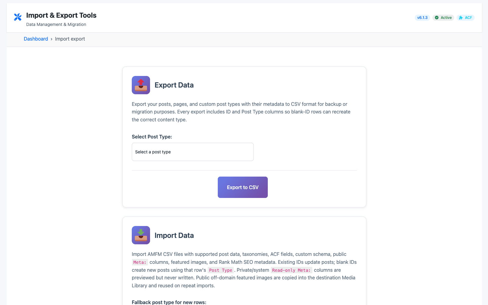 CSV import and export interface with content options, a file preview, and validation results.