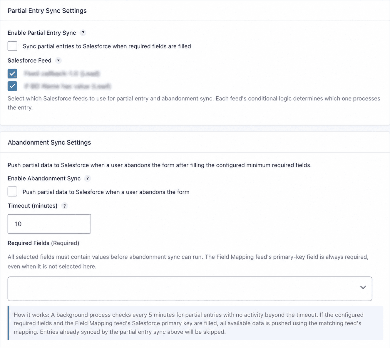 Sanitized Salesforce Extended settings showing partial-entry and abandonment controls with feed labels blurred.