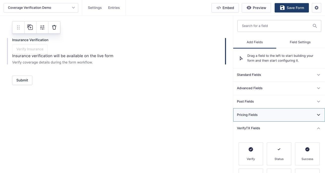Gravity Forms editor showing a synthetic Insurance Verification field beside the expanded VerifyTX Fields add-on group.