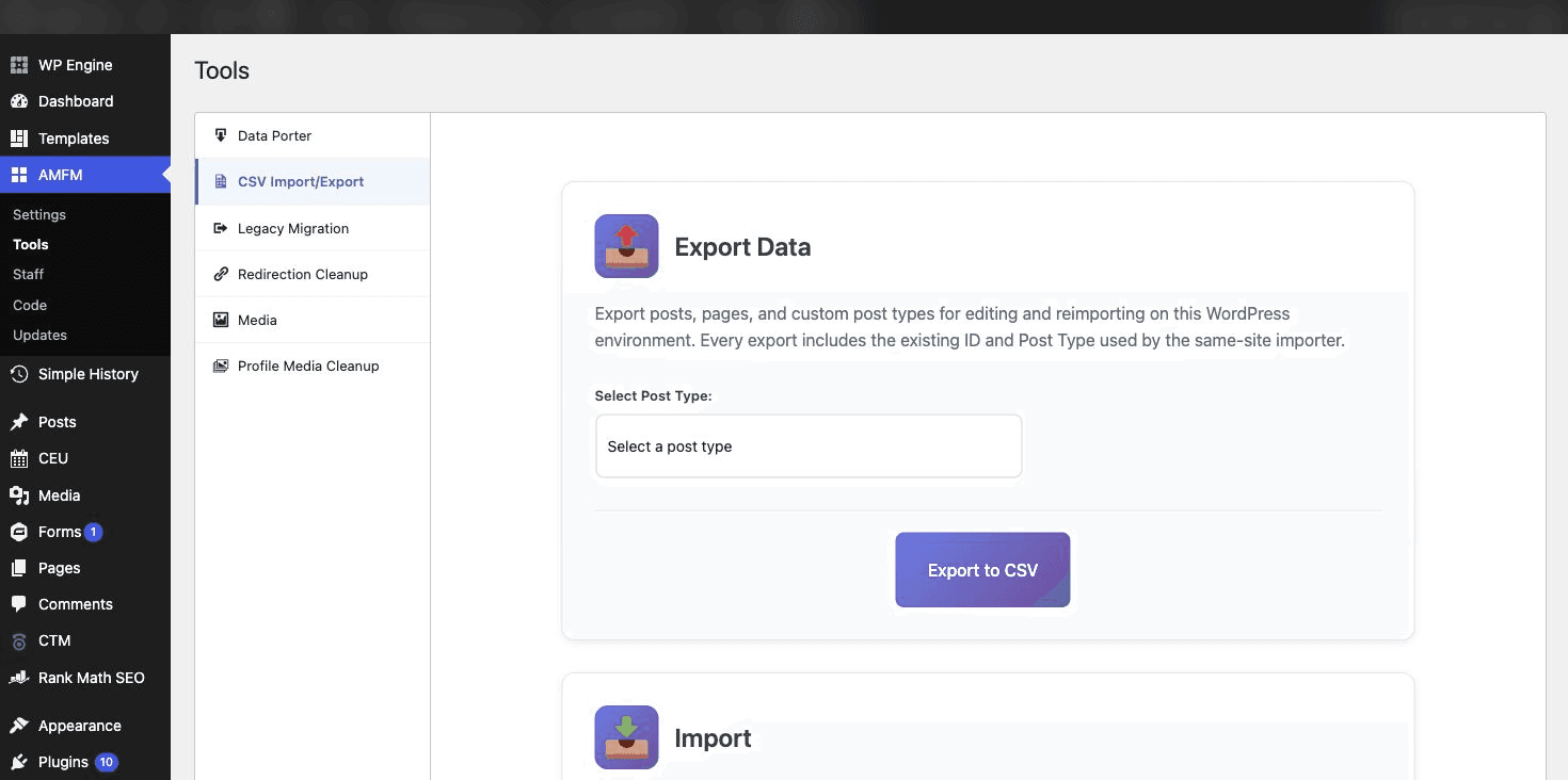 WordPress admin screen with tabs for Data Porter, CSV Import/Export, Legacy Migration, Redirection Cleanup, Media, and Profile Media Cleanup; the private toolbar is blurred.