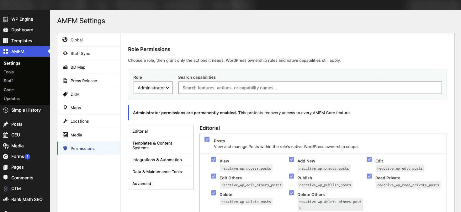 AMFM Core permissions screen with role selector, capability search, five permission groups, and the Administrator recovery notice; the private toolbar is blurred.