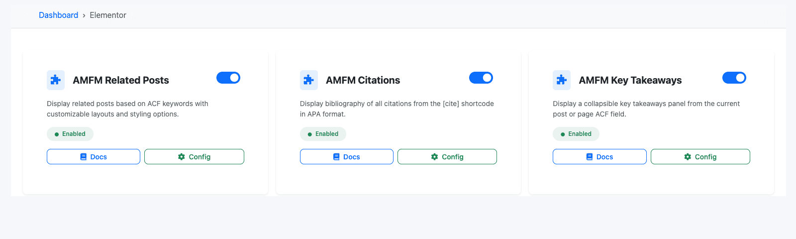 Elementor widget management screen showing enabled editorial components and their capabilities.