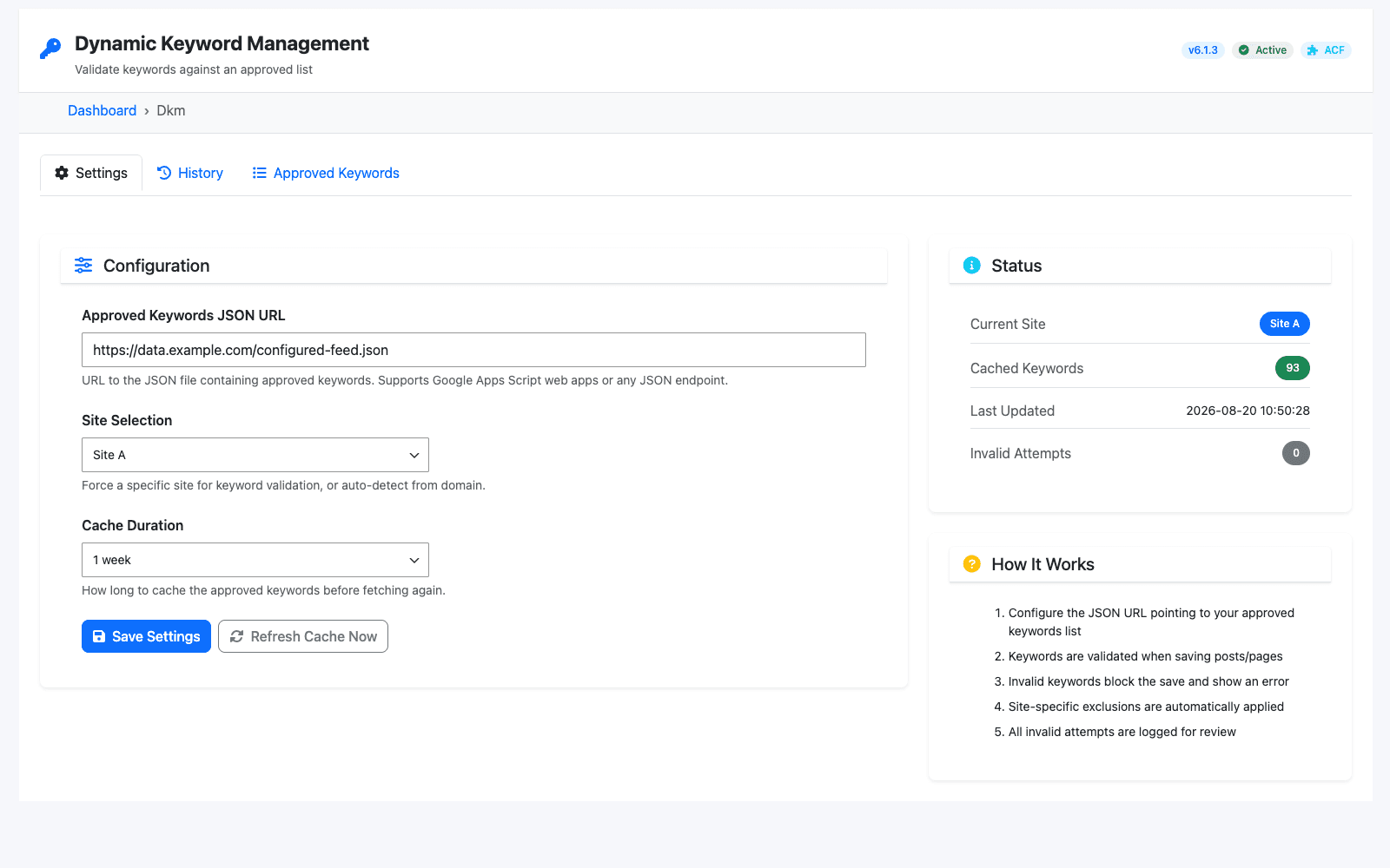 Keyword management screen with approved keyword counts, cache status, site context, and recent validation activity.