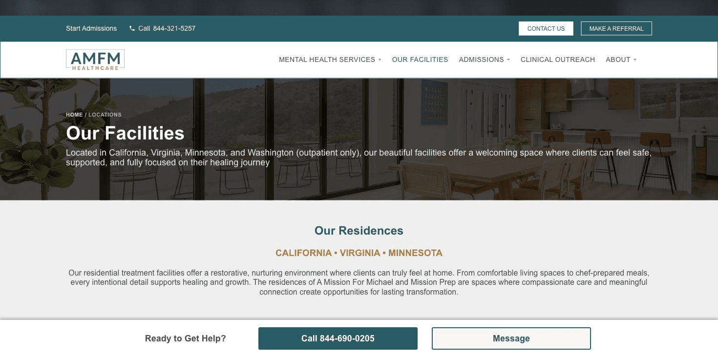 Desktop facilities page with branded navigation, photographic hero, location introduction, residential-care section, and sticky contact actions; the private WordPress toolbar is blurred.