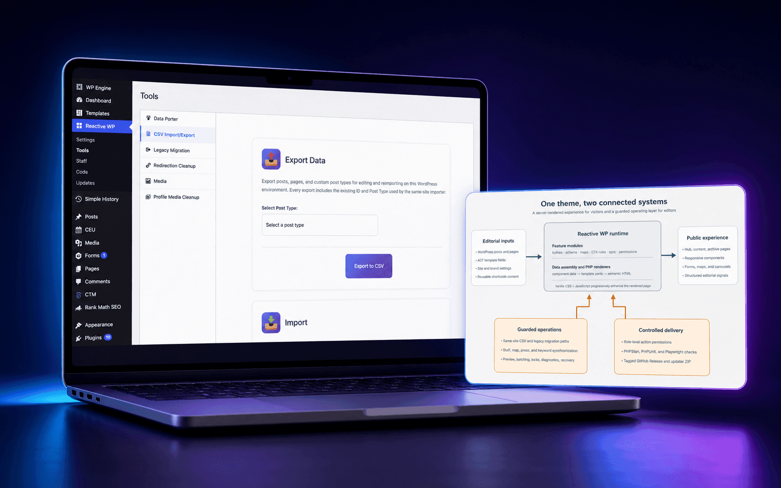 Reactive WP admin workspace displayed on a laptop beside a floating system architecture panel on a deep indigo background.