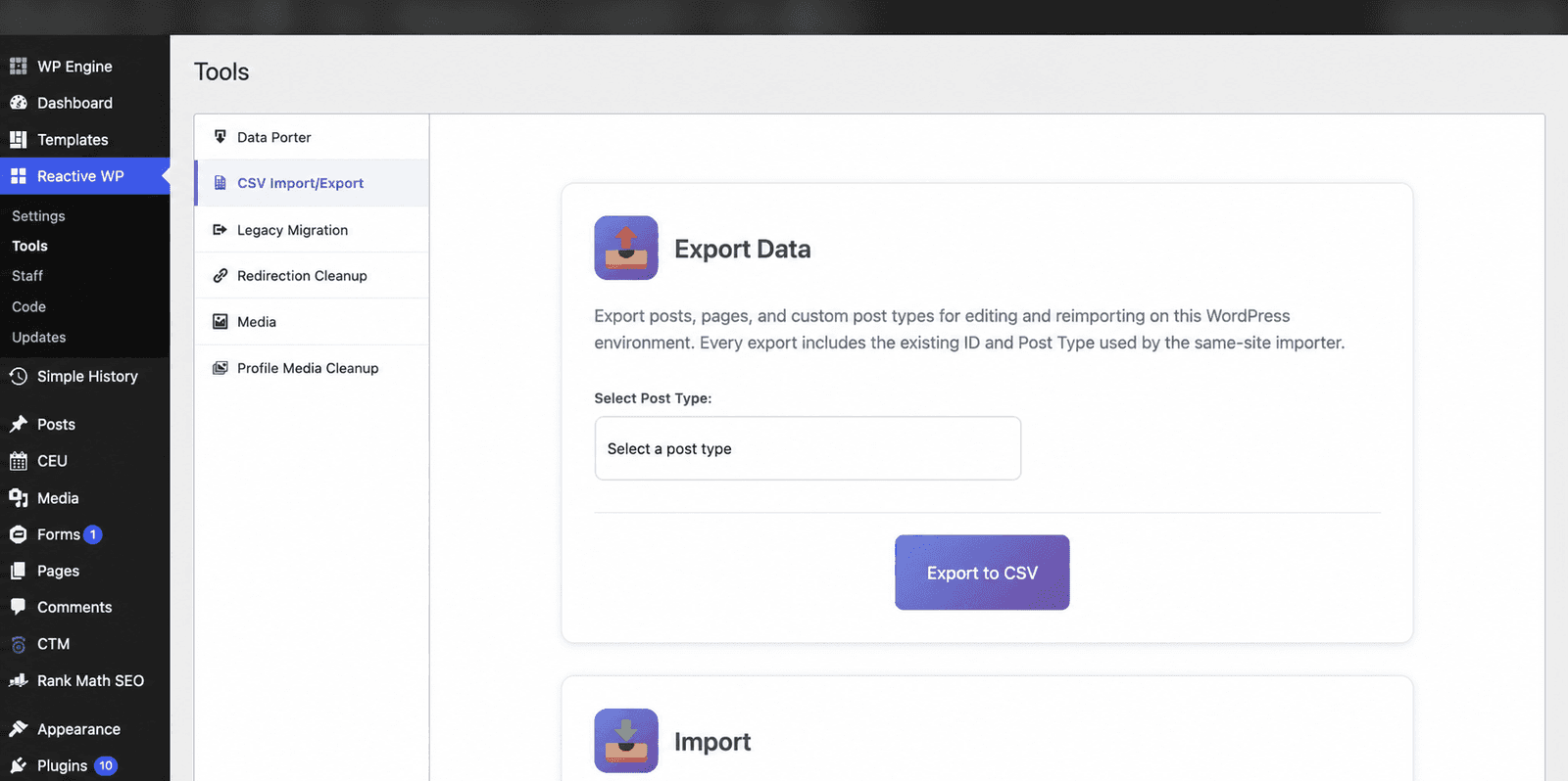 WordPress admin screen with tabs for Data Porter, CSV Import/Export, Legacy Migration, Redirection Cleanup, Media, and Profile Media Cleanup; the private toolbar is blurred.