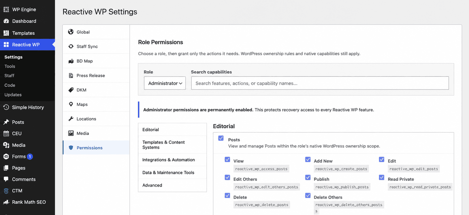 Reactive WP permissions screen with role selector, capability search, five permission groups, and the Administrator recovery notice; the private toolbar is blurred.