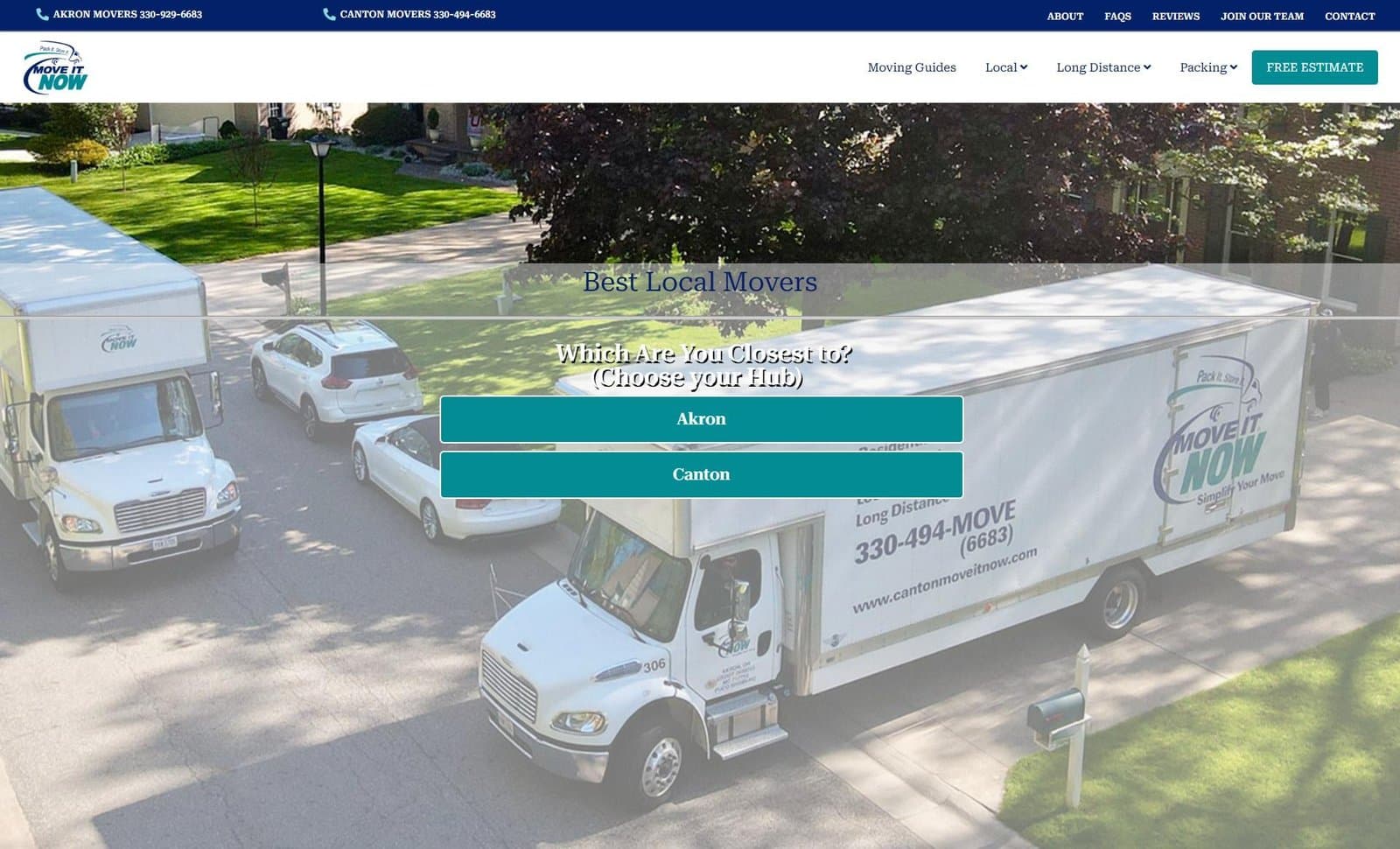 Move It Now homepage with the company logo, moving trucks, and Akron and Canton estimate options.