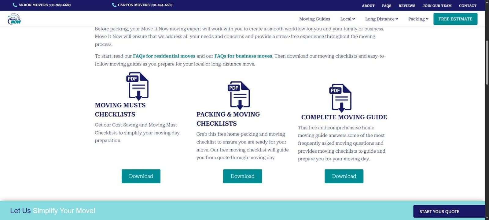 Move It Now moving guides with three download cards for checklists and moving preparation.
