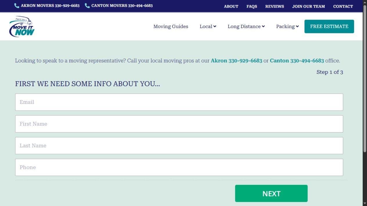 First step of the Move It Now estimate form with empty email, name, and phone fields.