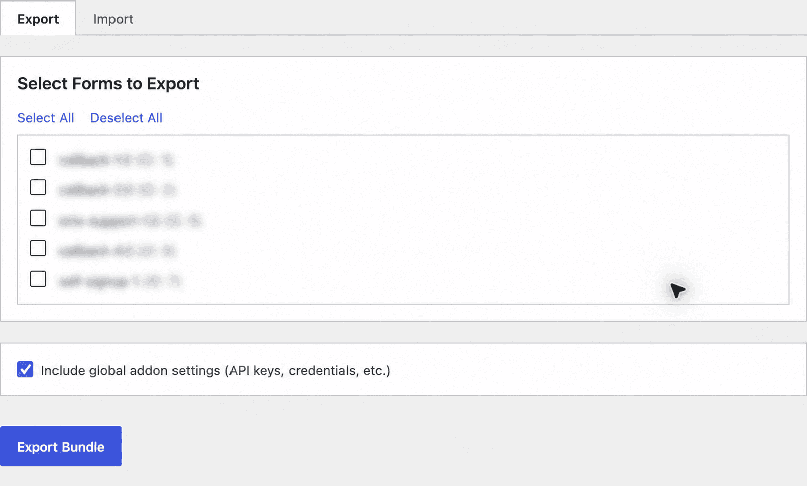 Sanitized GF Bundle Porter export screen with form names and source IDs blurred.