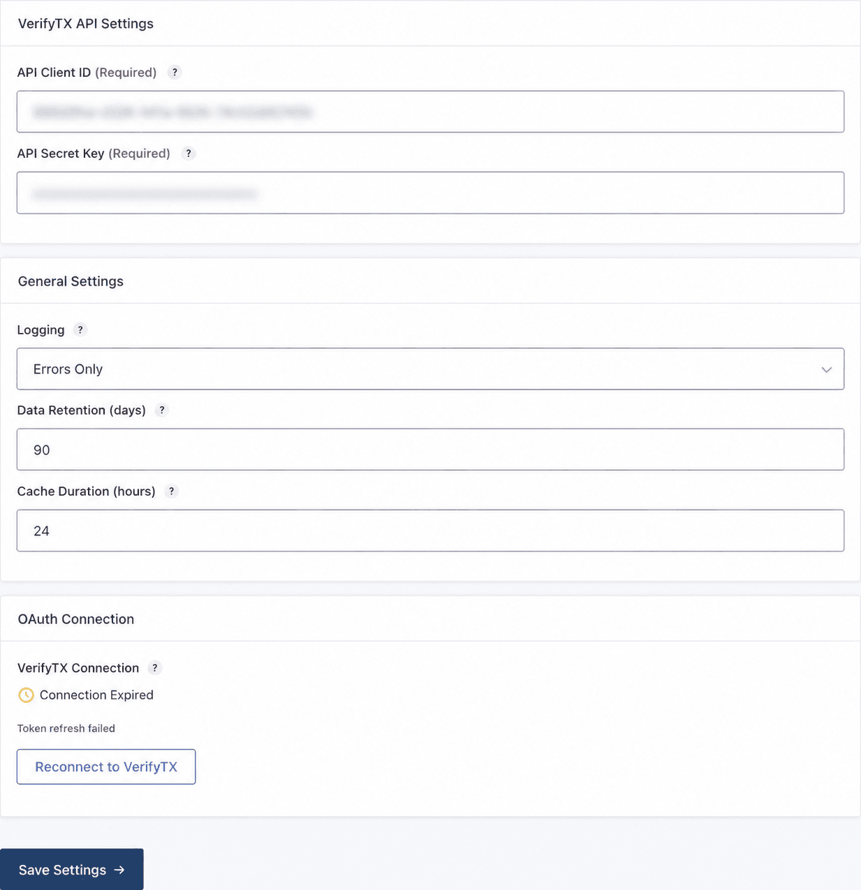 Sanitized VerifyTX global settings showing error logging, retention and cache controls, an expired connection state, and a reconnect action.