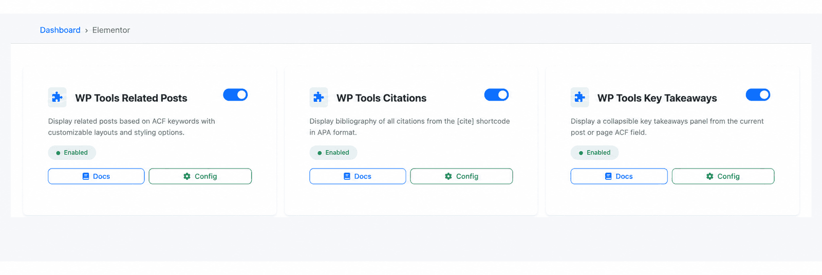 Elementor widget management screen showing enabled editorial components and their capabilities.