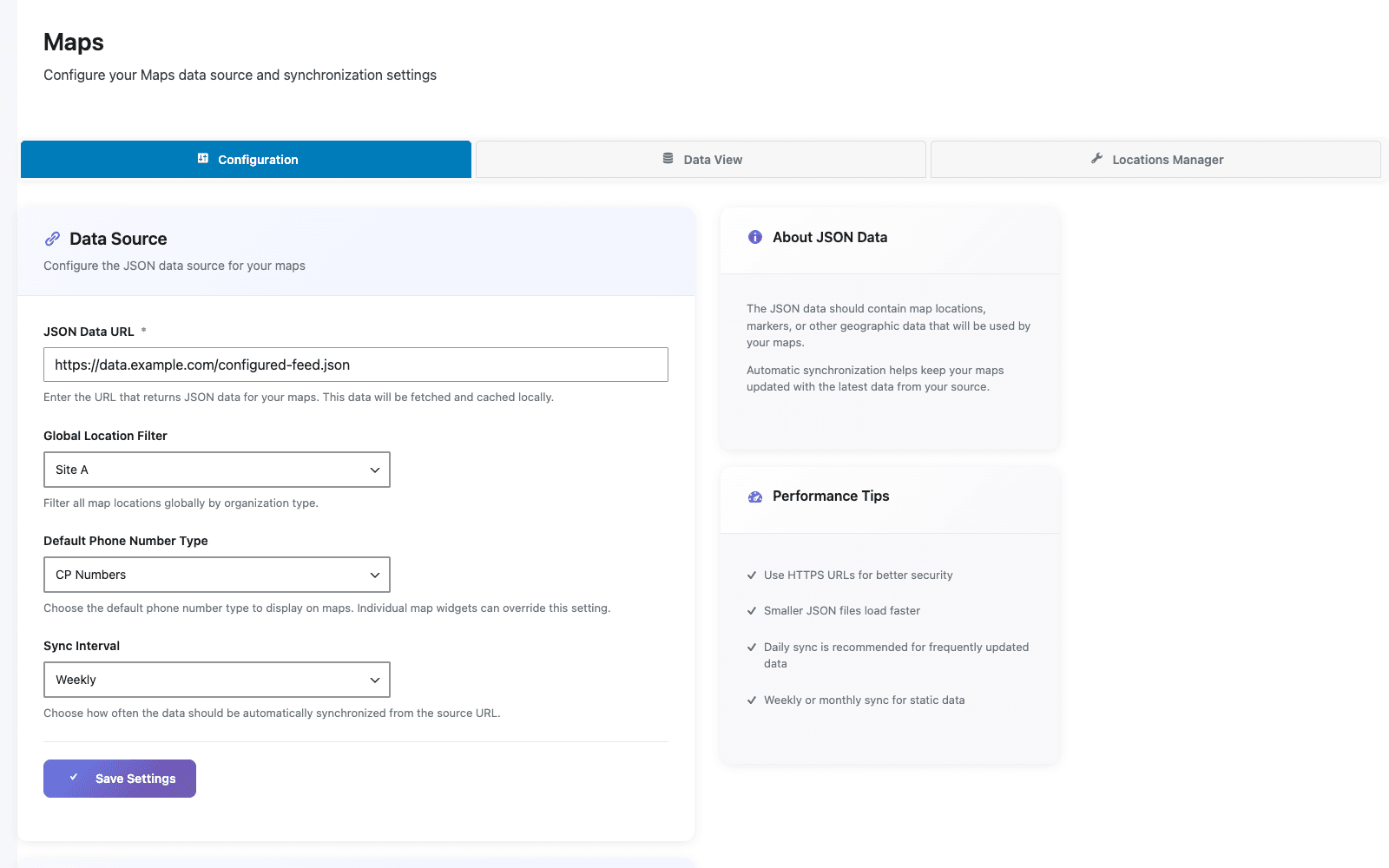 WP Tools map configuration screen with a redacted data source, Site A filter, phone number mode, and weekly synchronization.