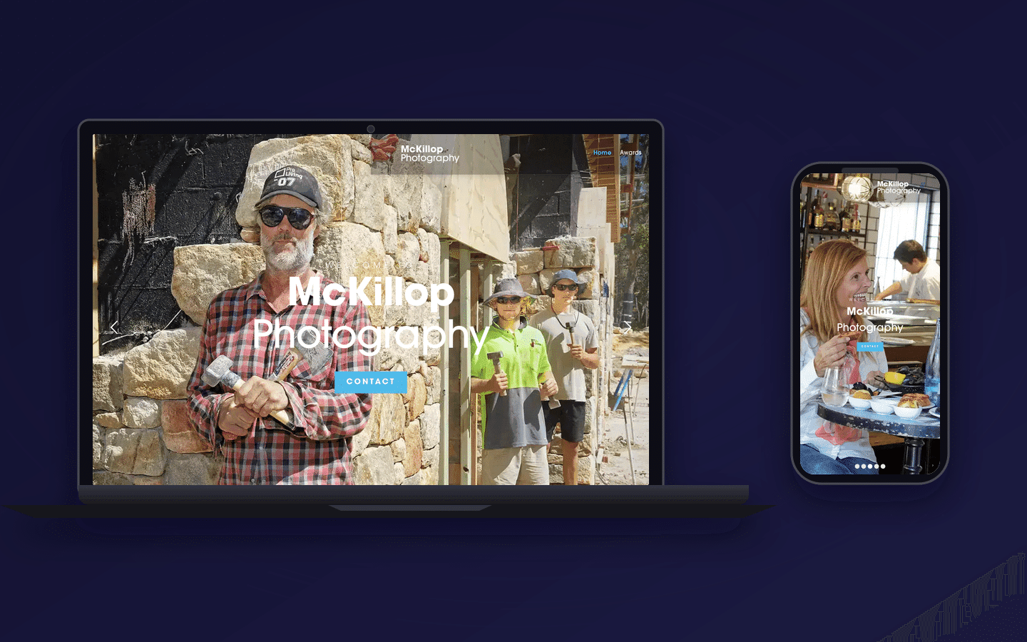 McKillop Photography homepage displayed on a laptop and phone against a deep navy background.