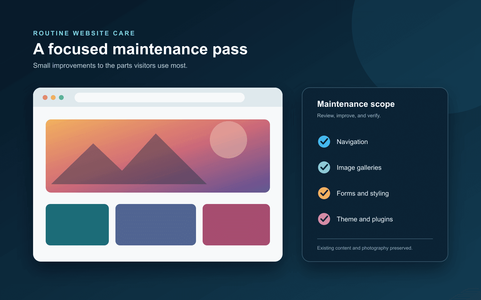 Illustration of a photography website with checked maintenance items for navigation, galleries, forms, theme, and plugins.