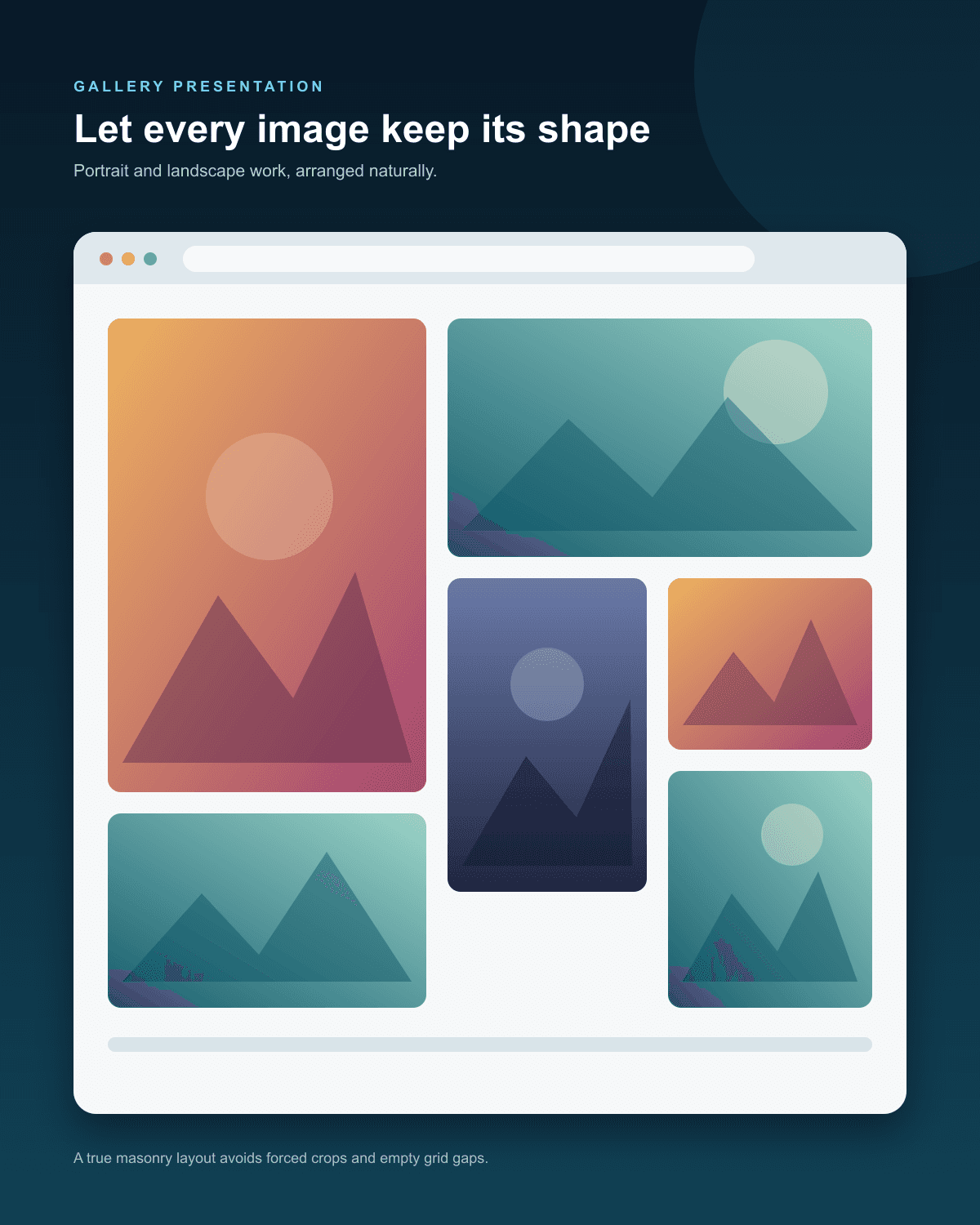 Illustration of a mixed portrait and landscape masonry photo gallery.