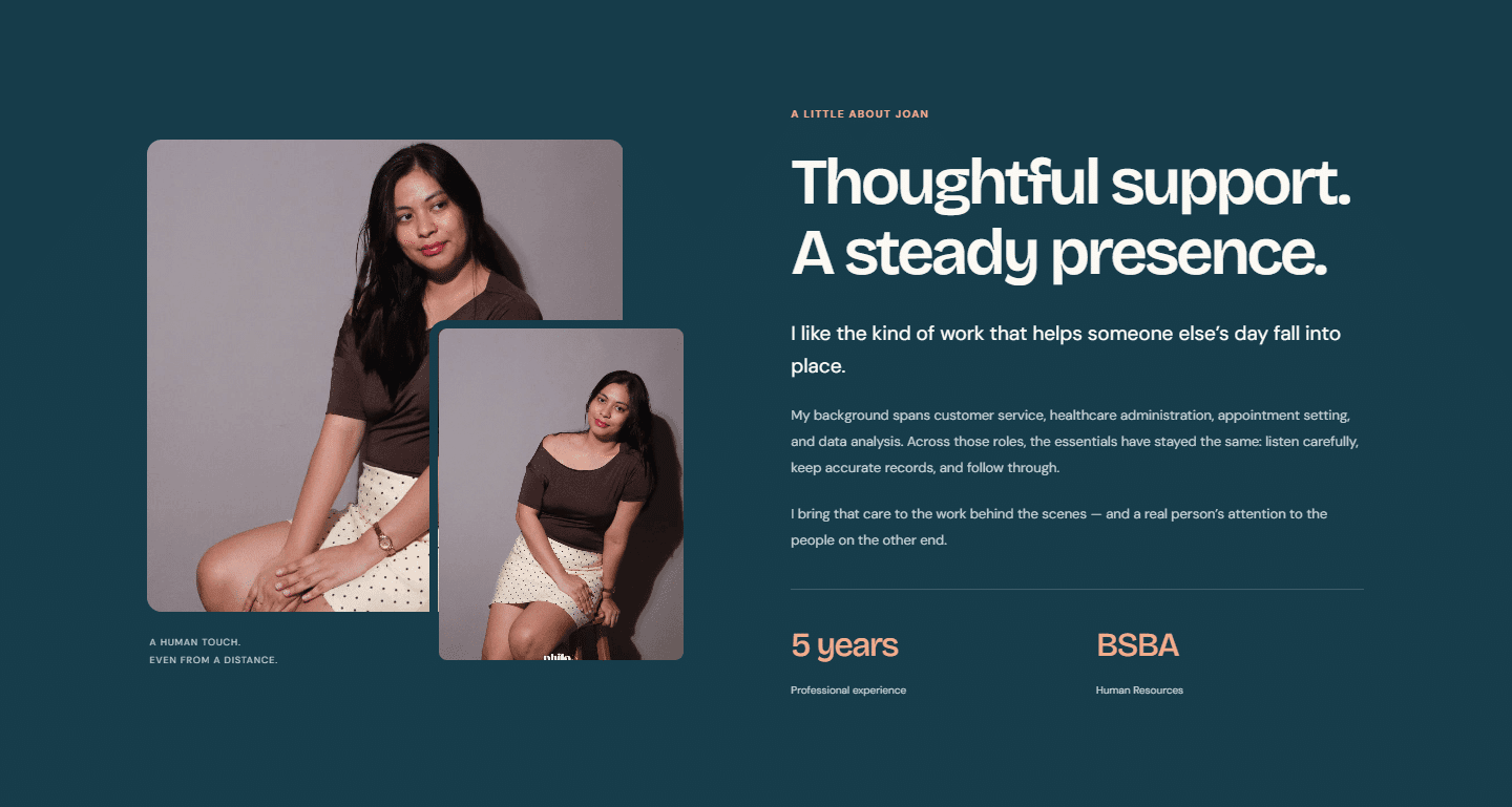 Joan’s portfolio about section with portraits and a deep blue background