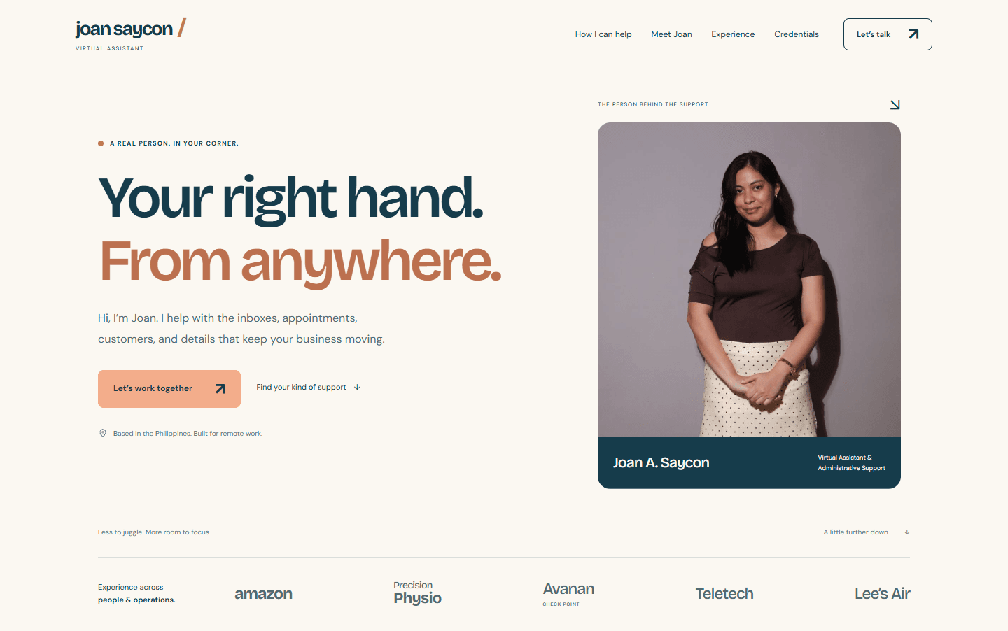 Joan’s portfolio introduction with a warm paper background, blue typography, and portrait