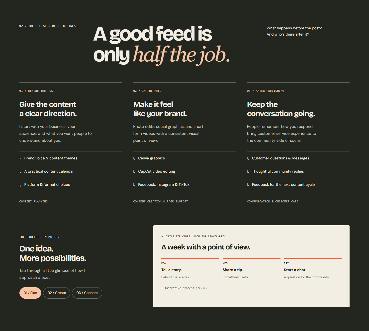 Nicole’s portfolio approach section showing content direction, brand presentation, and conversation