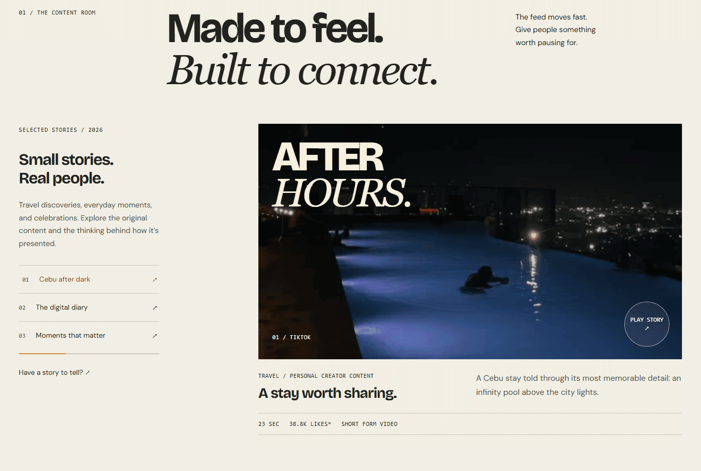 Nicole’s selected-work layout with a media preview and editorial project descriptions