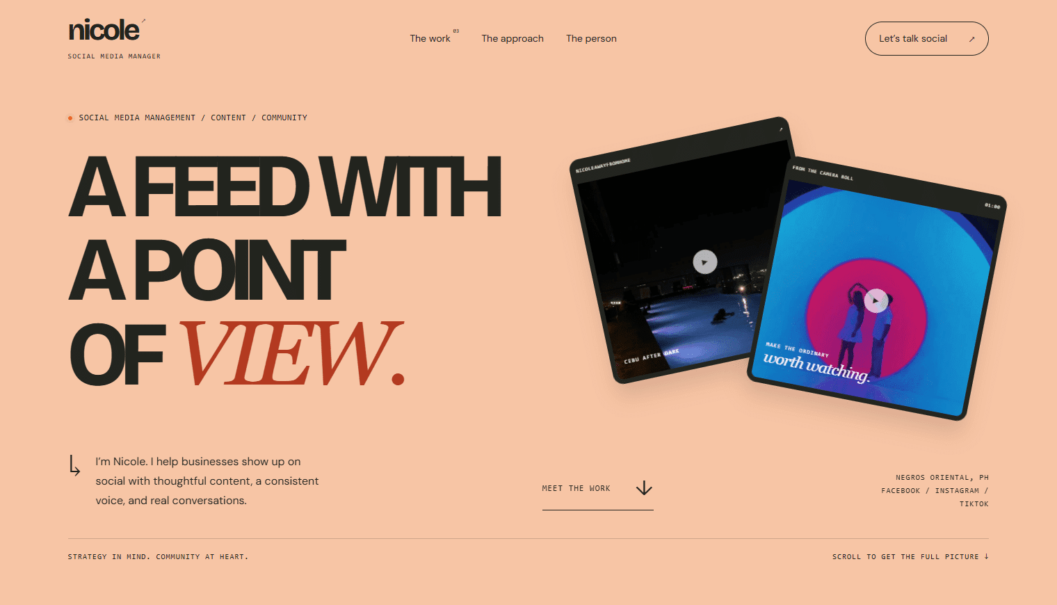 Nicole’s apricot portfolio introduction with expressive typography and layered media previews